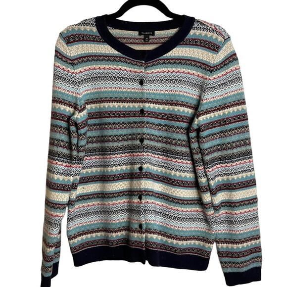 Talbots Sweaters - Talbots Fair Isle Navy and Gray Lambswool Blend Cardigan Sweater